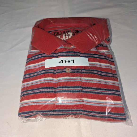VINTAGE POLO JEANS Company Shirt Ralph Lauren Mens Large Blue / Red Striped Y2K - Picture 9 of 9